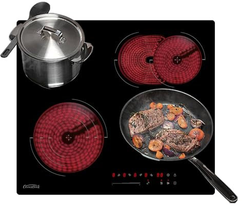 COVERCOOK Ceramic Hob 4 Zone, Built-in Electric Hob 60cm, 6700W Ceramic Cooktop with Dual Oval Zone, Touch Control, Triple Ring Function, Timer, Safety Lock, 9 Power Levels, Pause, Hard Wired, No Plug