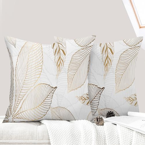 ECZOIL Lot de 2 Decorative Housse de Coussin 40x40 cm Feuilles Housse de Canapé Décoratifs Motif Plante à Taie d'oreiller pour Maison Salon Chambre et Ferme - Feuilles Dorées