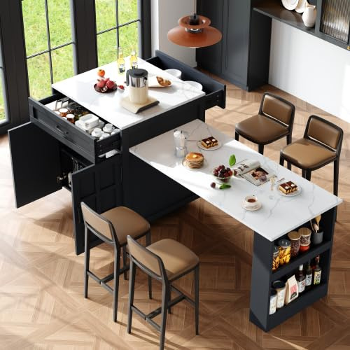 Huayz Tavolo da bar allungabile con spazio di archiviazione (133 – 202 × 70 × 93,5 cm), con due cassetti e quattro scomparti, tavolo da cucina espandibile, per 2 – 6 persone, carrello da pranzo con