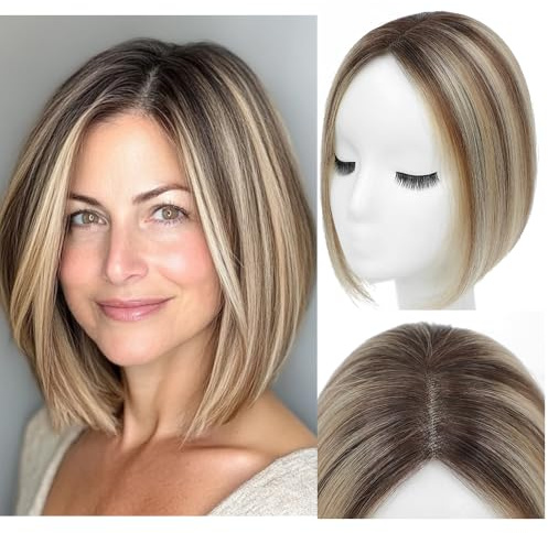Lagomance 100% Real Human Hair Topper for Women Human Hair Pieces for Women 10 inch Ombre Light Brown with Blond Highlight Hair Hoppers Swiss Base Hairpieces for Thinning Hair2T613