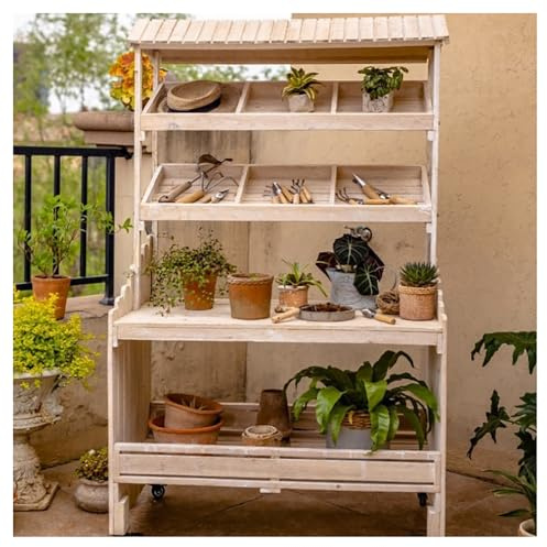 Potting Bench with Storage Wooden Garden Table Work Station Movable Wheels Open Shelf Lower Storage Outdoor Patio Workstation