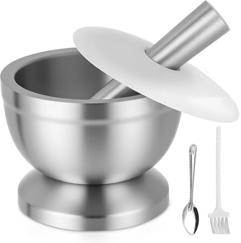 Juego de Mortero Cocina de Mortero de Acero Inoxidable 304 de 350 ml con Cepillo, Cuchara y Tapa de Silicona, Triturador y Bol de Vainilla de Primera Calidad, Perfecto para Moler