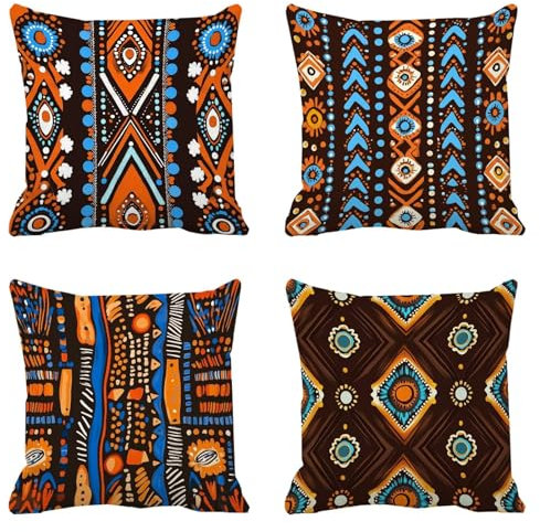 Kissenbezug 80x80 Ocker 4er Set Outdoor kissen Retro Wetterfest Leinen Quadratische Kissenbezüge Doppelseitig Bedruckter Kissenhülle Summer Dekokissen für Sofa Wohnzimmer Garten Deko Pillow X-399