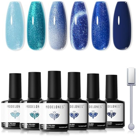 Modelones UV Nagellack Cat Eye Gel Blau Glitzer 6 Farben mit Magnet Magnetisch 9D Effect für Soak Off Nail Polish, French Manicure, Nail Art Nageldesign