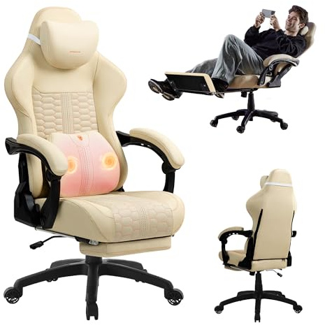 Dowinx Gaming Chair Dual-Point Massager Ergonomic Computer Chair with 360°-Swivel Footrest and Lumbar Support Heavy Duty PC Chairs with Headrest for Office, Ivory