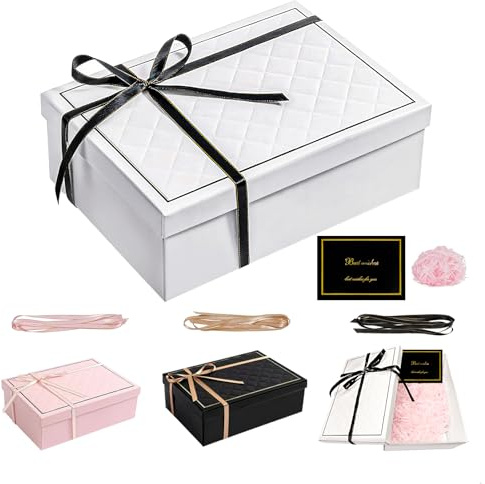 FICOFISE Gift Box, 25x18x8.5cm Gift Boxes for Presents, Gift Boxes with Lids, Foldable Gift Box with Lids with Silk Ribbon Greeting Card Shredded Paper, for Anniversaries Birthdays Wedding (White)