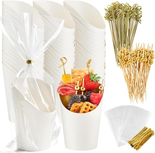 MCHERRY 50 set di bicchieri da 396,9 g, abbinati a bastoncini, scatola singola, carta nera, bicchieri usa e getta per antipasti di frutta (50 tazze+200 cocktail con spine+50 sacchetti) (bianco)
