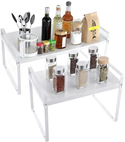 Oungy 2 Pack Extendable Kitchen Cupboard Organiser, 36-60x28x26cm White Kitchen Cupboard Shelves Organisers, Adjustable Spice Rack Countertop Storage