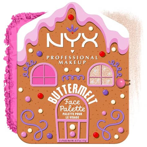 NYX Professional Makeup Blush Palette, Buttermelt Face Light/Medium, Glänzender Highlighter & passender Blush - für mehr Glow während der Feiertage