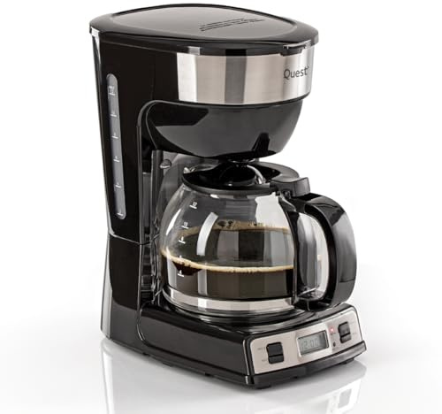 Quest Digital Filter Coffee Machine, 1.5L (12 Cups) - Programmable Timer, 40 Min Keep-Warm, Reusable Nylon Filter, Anti-Drip, 900W, Black (35210)