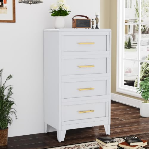 Lusiwry 4 Schublade Metall Datei Schrank, hohe breite Tiefe Kommode Schrank, Aufbewahrungsschrank mit Schublade Organizer Einheit für Kleidung, Schlafzimmer, Wohnzimmer, Flur, Eingang, Weiß