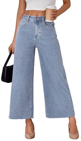 Trendy Queen Women’s High Waisted Wide Leg Jeans Stretchy Barrel Baggy Denim Ankle Cropped Pants Raw Hem LightBlue 8