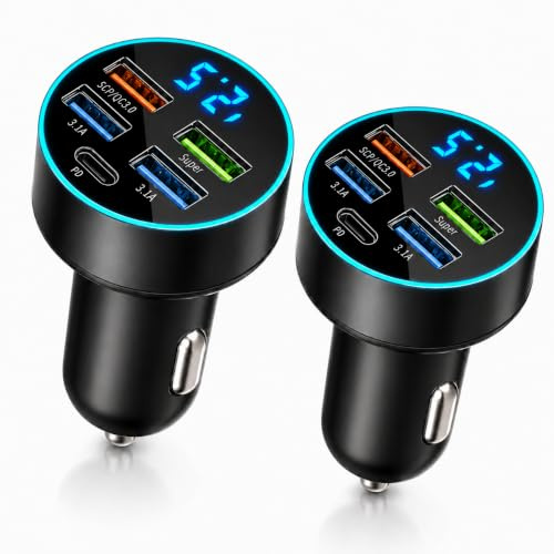 2PCS 5-Port USB Zigarettenanzünder Adapter, 66W QC3.0 & 30W PD Schnellladung, USB C Auto Ladegerät mit LED Voltmeter für schnelles Laden von Smartphones, Tablets, Kameras und mehr