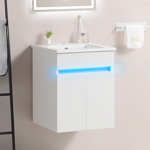 16 Bathroom Vanity with Sink,Radar Sensing Light,Large Space Storage for Small Space,Wall Mounted Bathroom Vanity Cabinet,White AX633