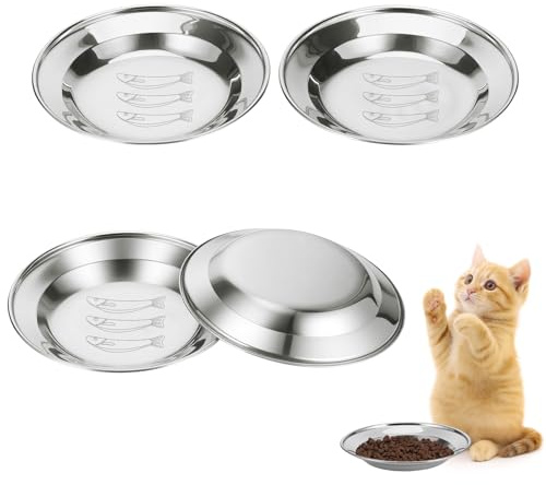 TranRantic 4 Stück 16cm Edelstahl Katzennapf Futternapf mit Fischmuster | Futternapf Katze, Breite Katzen Napf für Futter und Wasser, Katzenteller aus Metall für Welpen, Kleine Hunde