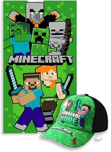 MARUKATSU Minecraft Pack Playa Niño Toalla 140x70 cm + Gorra Ajustable – Set Verano Infantil Piscina Playa Vacaciones Regalo Niños Gamer