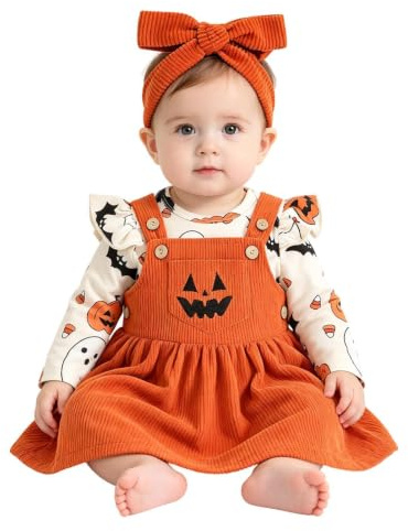 Barn Halloween Outfits för Flickor 3-Delad Pumpa Och Spöke Manchesterdräkt | Rolig Overall Hängselklänning Romper för Helger Fester Resor Firande Dagligt och Fotorekvisita