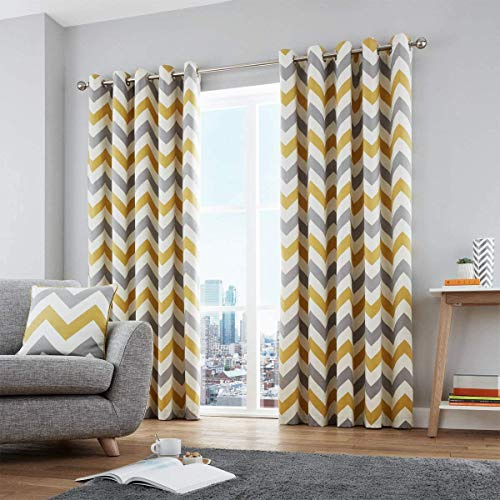 Fusion A Zigzag Chevron-Coppia di Tende con Occhielli, 100% Cotone, pronte all'Uso, Ochre, Curtains: 66 Width x 72 Drop (168 x 183cm)