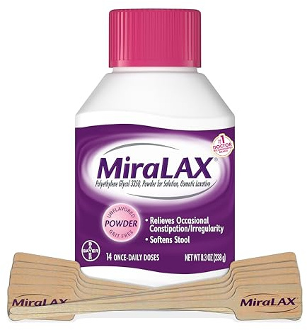 MiraLAX Laxative Powder, Gentle Constipation Relief for Adults, Stool Softener with PEG 3350, Nonstimulant Laxative, No Harsh Side Effects, Includes Stirrer, 14 Dose