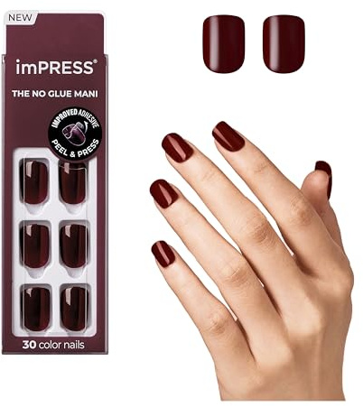 KISS imPRESS Color 'I'm not a Cinna' - Unghie Finte Adesive Effetto Gel Ricostruzione. Unghie Press-On Nails Senza Colla con Tecnologia PureFit. Colore rosso e squared shape, applicazione facile.