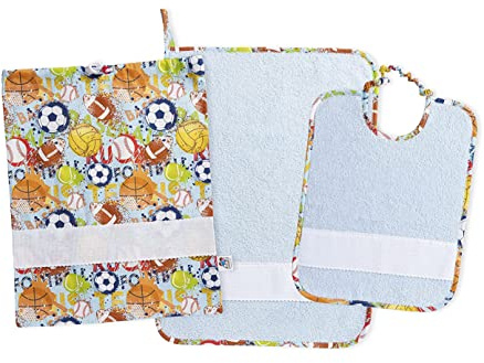 FILET - Set Jardín de Infancia Tres Piezas con Tela Aida para Bordar, Compuesto de Bolsa, Toalla y Babero de Esponja Blanca, 100% Algodón, Made in Italy, Fantasía Pelotas Fondo Azul
