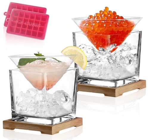 USEEKRIL Juego de 2 vasos de martini sin tallo con enfriador de caviar, vaso de martini con cuenco para servir caviar, elegante juego de regalo para Manhattan, Margarita, Martini, Cosmopolitan