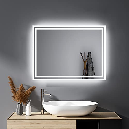 HY-RWML Spiegel mit Beleuchtung 40x60cm Wandspiegel Badpiegel WandSchalter Badezimmerspiegel Rechteckiger LED Kaltweiß 6500K IP67 energiesparend horizontaler vertikaler Einbau A++