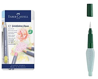 Faber-Castell 114622 - Aquarellstift Aqua Goldfaber, 3,3 mm Mine, 12 Pastellfarben im Metalletui & 185105 - Art & Graphic Wassertankpinsel, 1 Stück, medium Brush
