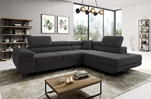 MODERNO Ecksofa mit Schlaffunktion aus Cord - Big Sofa ASTORP - Couch L Form - Schlafsofa mit Bettkasten und Kopfstützen - 277x203x100 cm - Rechts - Graphit - Poso 34