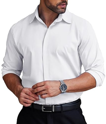 COOFANDY Mens Business Casual Shirt Covered Placket Button Up Long Sleeve Performance Suit Shirt for Men Relaxed Fit No Wrinkle Fitted Wedding Outfits White XL