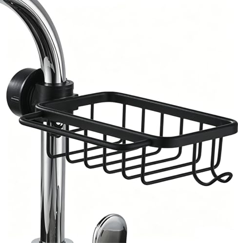 YULIAO Wasserhahn Lagerregal, Spülbecken Organizer, Küchenarmatur Schwammhalter, Spülbecken Organizer Hängend, Wasserhahn Ablauf Rack, Aluminium, Ohne Bohren,für Schwamm, Bürste, Lappen