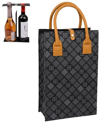 NUOYIA Portable 2 PU Leather Wine Tote Carrier, Reusable Insulated Cooler Bag with Handles, Travel Gift for Wine Lovers Christmas (Grey)