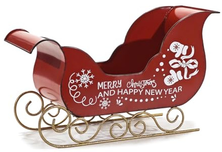 Slitta di Babbo Natale Rossa Porta Regali Doni ai Bambini in Metallo cm 40 con Rifiniture in Oro allestimenti Decorazioni Natalizie complemento d'arredo casa o Albero di Natale