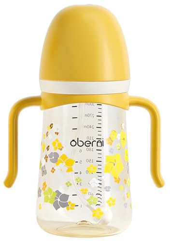Oberni Trinklernbecher mit Strohhalm, Baby Trinklernflasche ab 6 Monaten, Kinder Trinklerntassen Auslaufsicherer, Spülmaschinengeeignet, BPA frei, PPSU, 300ml, Gelb, 1Stück
