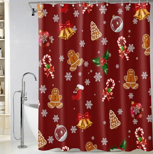 M&W DasDesign - Tenda da doccia natalizia, design festivo con uomini di pan di zenzero, bastoncini di zucchero e campane, in poliestere, impermeabile, lavabile in lavatrice, 180 x 200 cm