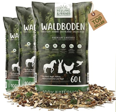 HEULAND Waldboden-Einstreu 3X 60 L – natürliches Einstreu mit Tannen & Fichtennadeln – extrem saugstark & geruchsbindend – für Kaninchen, Meerschweinchen, Hühner & Nager