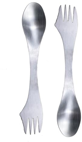 Lot de 2 couverts de camping en acier inoxydable 3 en 1, ustensiles de camping, fourchette, cuillère, couteau, multifonction, couverts portables en métal léger pour pique-nique, randonnée, randonnée