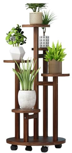 HYEFDWS Pflanzenständer aus Holz mit Rädern, 5-stufiges Blumenregal für drinnen und draußen für Eckplätze, modernes Design, hohes Pflanzenregal für Pflanzen und Blument