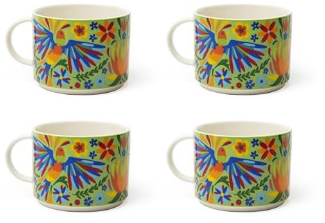 Excelsa Mexican Flowers Set 4 Tazze Jumbo in New Bone China, Decorazione Floreale Colorata
