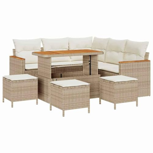 vidaXL Trädgårdsoffset 9 pcs Beige konstrotting, Trädgård och Terrass, Modernt Utemöbelset, Rattansoffor, Akaciabord, Avtagbara Kuddar, Soffa för Uteplats