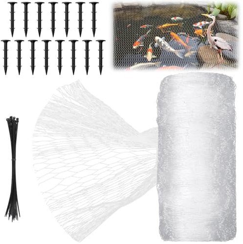 Yoojahow Koi Pond Netting Kit 14 x 14ft, Bird Deer Fence Netting, Durable Net Cover for Leaves, Heavy Duty Fine Mesh, Protect Fish from Birds, Cats & Predators, 15pcs Stakes & Ties Included(White)