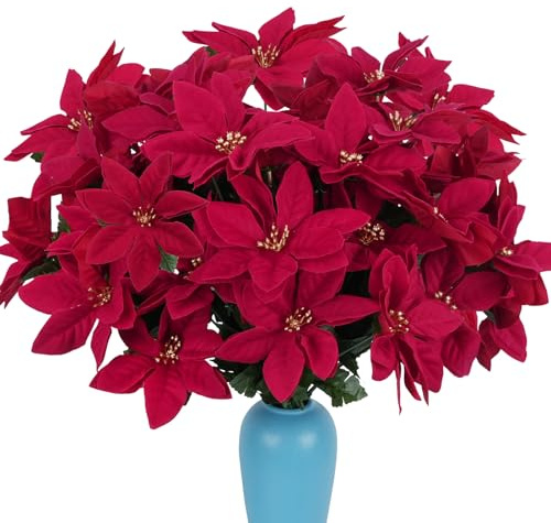 FALSKT 6PCS Fleurs de Poinsettia Artificielles Fleurs de Noël Artificielles Intérieur Extérieur Fleur de Poinsettia Rouges pour Décorations de Noël Ornement d'arbre de Maison Salon Boutique