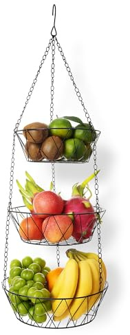 Home Bay Fruit Hub Hängender Obstkorb für die Küche, 3-stöckige abnehmbare Draht-Etagere, Obst- und Gemüseaufbewahrung, Wandmontage, Schwarz, Rund, unabhängig nutzbar