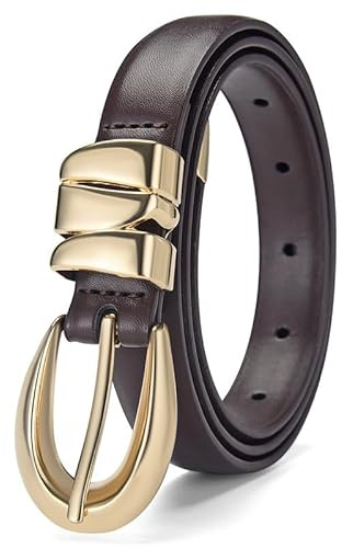 Iirlvior Mode Leder Gürtel Damen, Verstellbare Kaffee Ledergürtel, Goldschnalle Schmaler Gürtel, Taillengürtel für Jeans Hosen Kleider, Einfachheit Schmuck Accessoires Geschenk für Damen Frauen