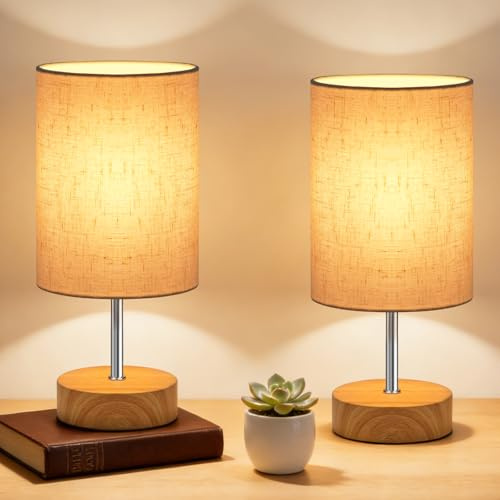 HUGCHG Touch Control Table Lamp, Dimmable Touch Control Bedside Lamp Small Table Lamp with Wood Grain Base ＆ Linen Fabric Shade for Bedroom,Living Room,Children's Room,Bulb Included, 2 Pack