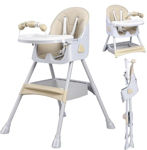 UBRAVOO Hochstuhl, faltbarer, tragbarer Essstuhl, umwandelbarer Hochstuhl mit doppellagigem Esstablett und Spielzeugablage, geeignet für Kinder von 6 Monaten bis 3 Jahren (Khaki, Basismodell)