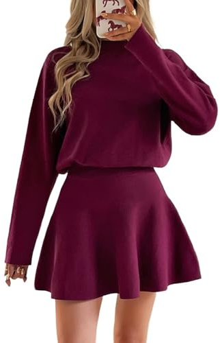 Generisch Abito da donna in maglia con orlo increspato, comodo abito intero per abiti corti autunnali da donna, Lilla, L