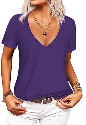 Zeagoo Tshirt Damen V Ausschnitt Oberteile Sommer Shirt Locker Basic Shirts | Locker Basic T Shirt | Kurzarm Tops| Casual Einfarbig T-Shirts| S-XXL