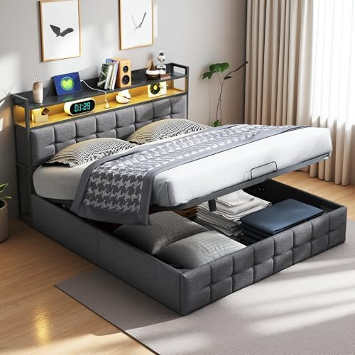 Zorvani Letto imbottito 140 x 200 cm, con testiera, letto idraulico con vano portaoggetti e rete a doghe, letto matrimoniale con ricarica USB e tipo C, letto per ragazzi a LED, in lino, grigio