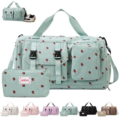 AUNGKWANG Bolsa de Deporte para Mujer, Pana Fresa Sporttasche con Compartimento para Zapatos, Compartimento y Billetera Pequeña para Mojados, Bolsa de Viaje für Viajar, Fitness, Deporte, 46x24x26 cm